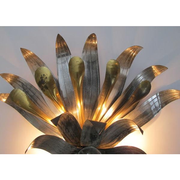 A Pair of American Art Deco Tole & Brass Foliate-Form Sconces Centering Glass Spheres For Sale In San Francisco - Image 6 of 10