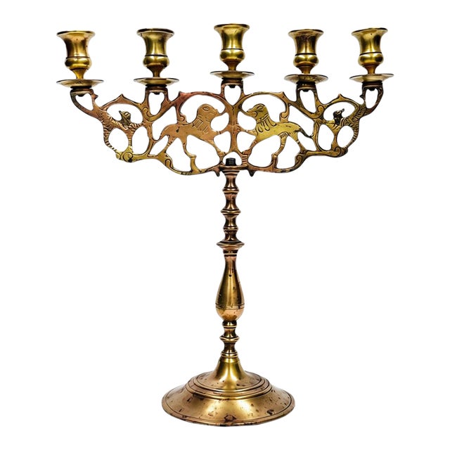 Early 20th Century 5 Candle Brass Polish Jewish Shabbat Candelabra "Lions of Judah" For Sale