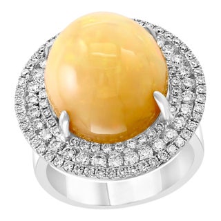 Round Opal and Diamond Cocktail Ring 18 Karat White Gold, Estate For Sale