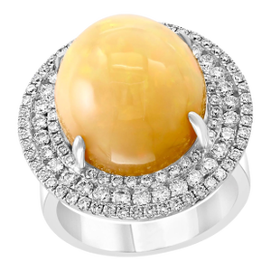 Round Opal and Diamond Cocktail Ring 18 Karat White Gold, Estate