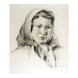 Mid 20th Century Portrait Drawing in Pencil of Young Woman Wearing Scarf For Sale