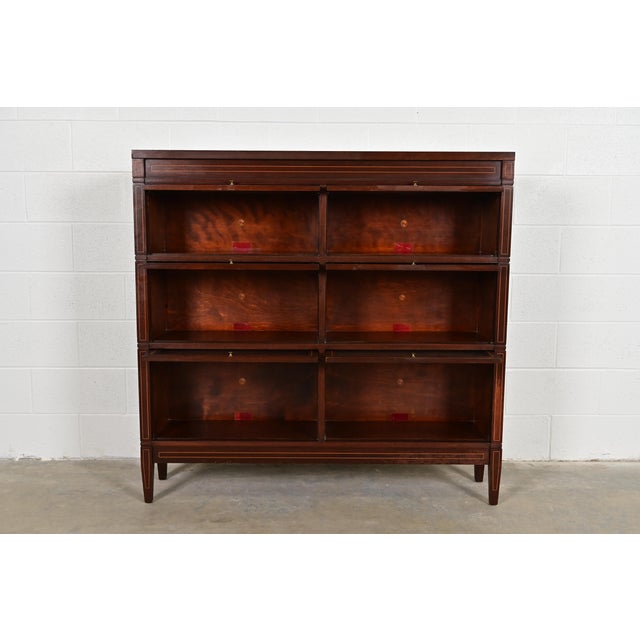 Early 20th Century Globe Wernicke Arts & Crafts Inlaid Mahogany Three-Stack Double Barrister Bookcase, Circa 1900 For Sale - Image 5 of 13