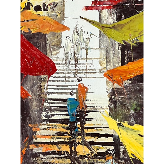 Mid-Century Modern "Ladder Street Hong Kong" Mid Century Impasto Painting by W. Lam, Faux Bamboo Frame For Sale - Image 3 of 7