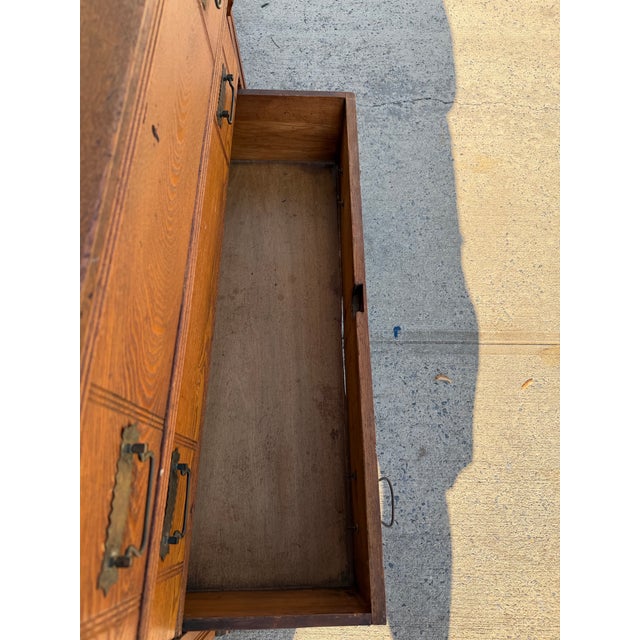 Antique Victorian Eastlake Oak Three-Drawer Chest With Incised Detail and Brass Hardware For Sale - Image 9 of 12