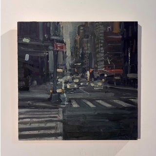 City #5 by Jim Beckner | Oil on panel Nighttime city street scene with traffic and buildings. For Sale