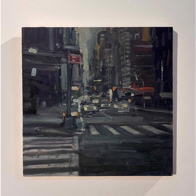 City #5 by Jim Beckner | Oil on panel Nighttime city street scene with traffic and buildings. For Sale