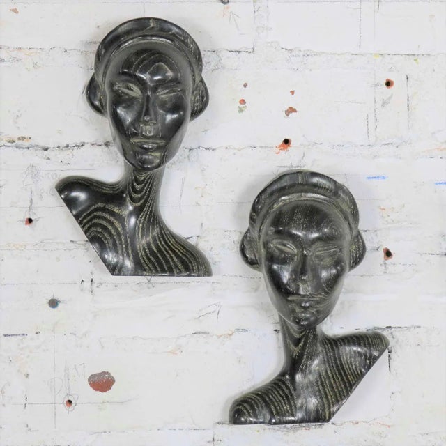MCM to Art Deco Style Ebonized Oak Carved Female Bust Vintage Wall Sculptures, a Pair For Sale - Image 13 of 13