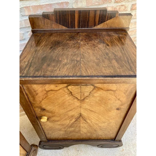 Art Deco Walnut Slab Side Cabinets or Nightstands with Carved Base, 1930s, Set of 2 For Sale - Image 13 of 16