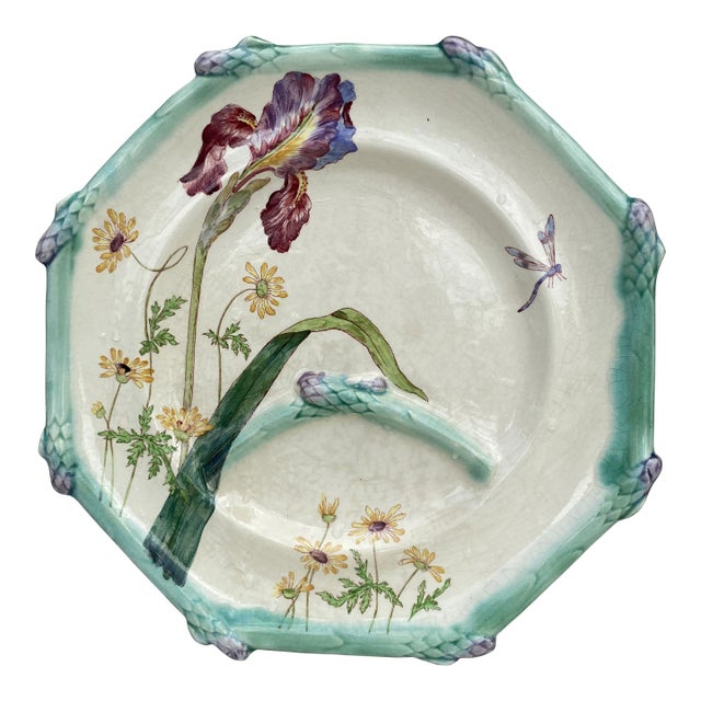 19th French Majolica Asparagus Plate Iris Longchamp For Sale