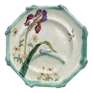 19th French Majolica Asparagus Plate Iris Longchamp