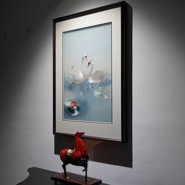 Art Deco Handcrafted Suzhou Embroidery Swan Water Scene Wall Art – Double-Sided Silk Embroidery Decorative Panel For Sale - Image 3 of 10