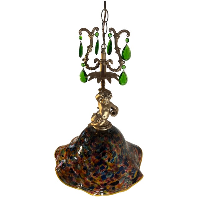 Signed Confetti Art Glass Shade Cherub Pendant Light For Sale - Image 16 of 17