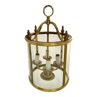 Mid 20th Century Pendant Light Lantern Cylinder Brass With Curved Glass Triple Light For Sale