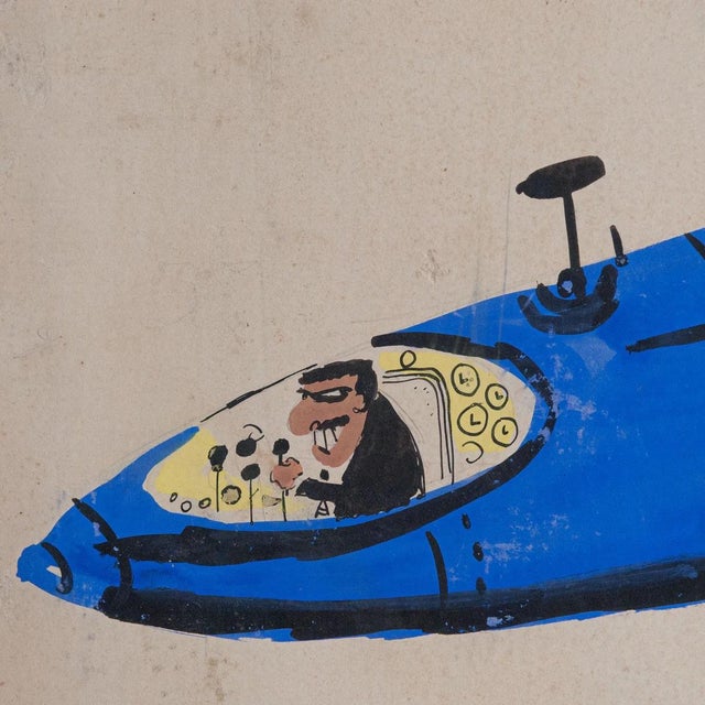 Cartoon Jet Airplane Illustration, 1964, Gouache, in Worn conditions. Designed 1960 to 1969