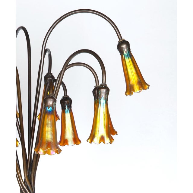 Yellow Tiffany Style Bronze Twelve-Light Floor Lamp With Charles Lotton Art Glass Shade For Sale - Image 8 of 11