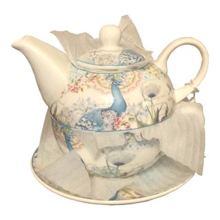 Delton Porcelain Peacock & Botanical Tea for One Set in Decorative Gift Box For Sale