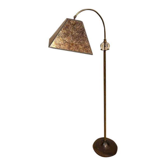 Antique Arts and Crafts Brass Bridge Floor Lamp With an Amber Tone Mica Shade For Sale