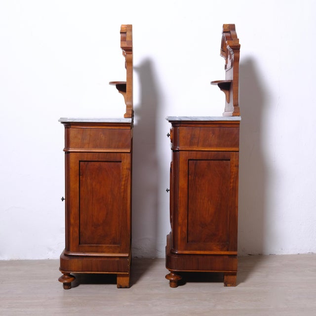 Antique Bedside Tables with Marble Backsplashes and Bases, Late 19th Century, Set of 2 For Sale - Image 11 of 18