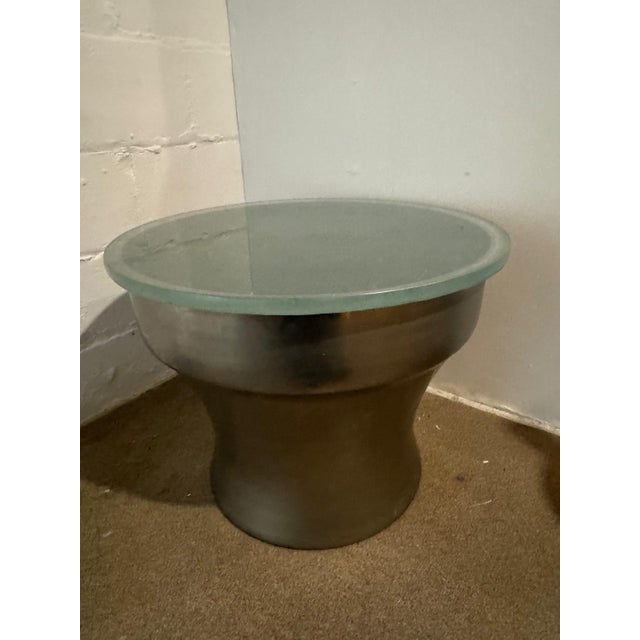 Mid-Century Modern Karl Springer "Rain-Drum" Side Table in Polished Metal With Glass Top For Sale - Image 3 of 5