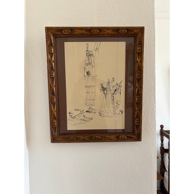 1970s Ink Drawing Still Life of Artist Items in Vintage Frame For Sale - Image 4 of 7