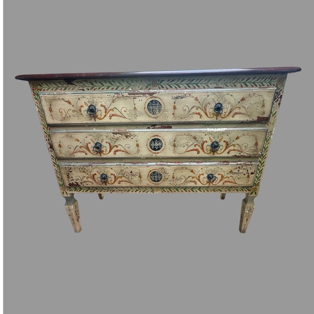 Vintage Country Paint Decorated Three Drawer Commode Chest For Sale - Image 6 of 11