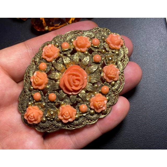 Amber 1930s Art Deco Bohemian Amber Faceted Glass Bead Necklace & Faux Coral Brass Filigree Brooch, 2 Pieces For Sale - Image 8 of 10