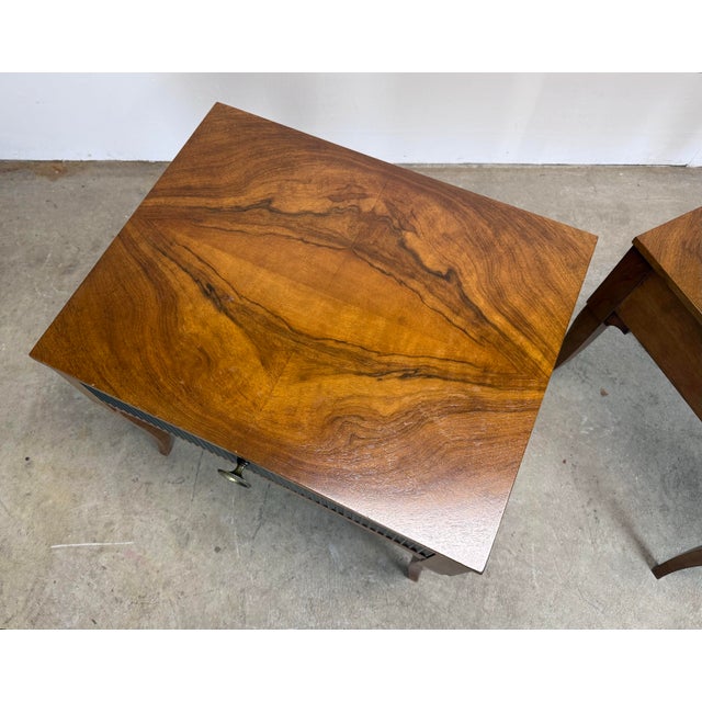 Brown Mid 20th Century Baker Furniture Regency Burlwood Top Side Tables / Nightstands For Sale - Image 8 of 12