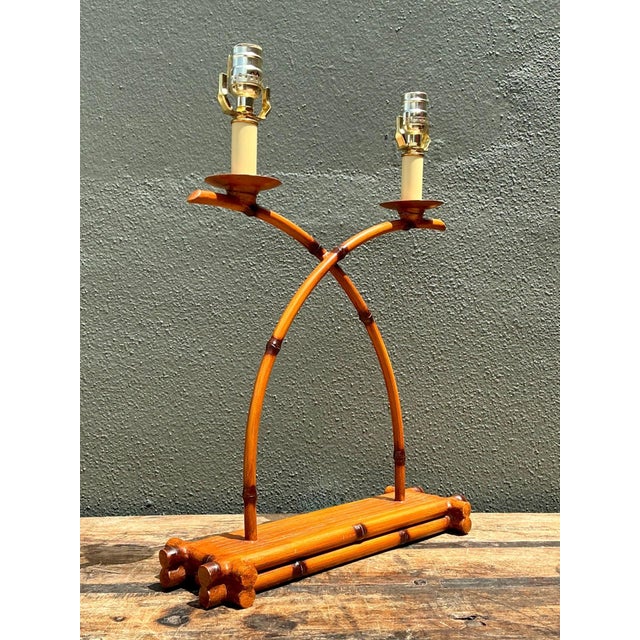 Vintage Faux Bamboo Double Arm Metal Lamp For Sale - Image 4 of 13