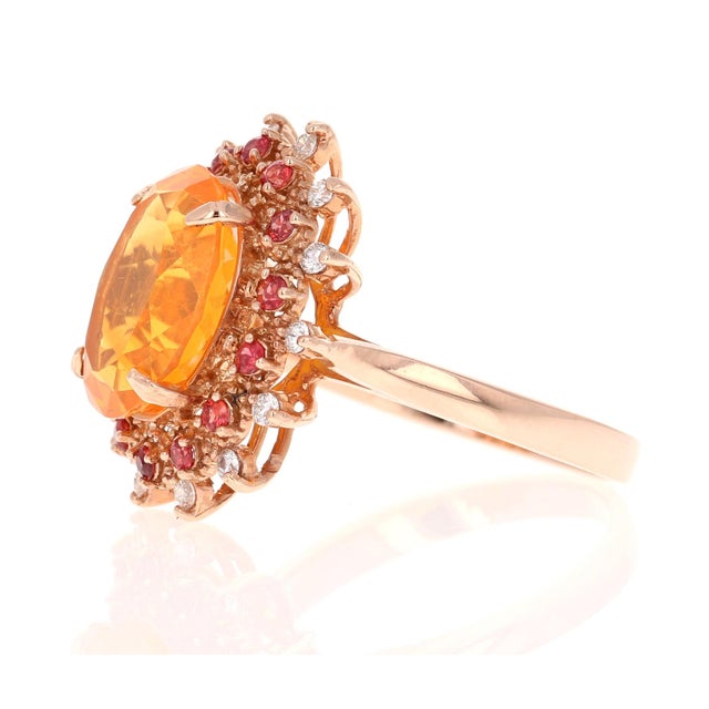 3.83 Carat Oval Cut Fire Opal Sapphire Diamond Yellow Gold Cocktail Ring Size 7 For Sale - Image 4 of 4