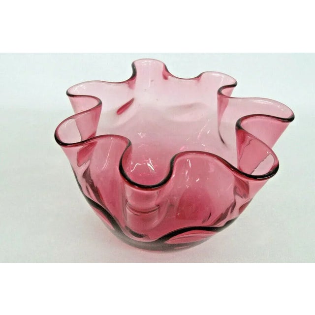 Glass Fenton Thumbprint Style Cranberry Pink Glass Ruffled Rose Bowl Vase For Sale - Image 7 of 11