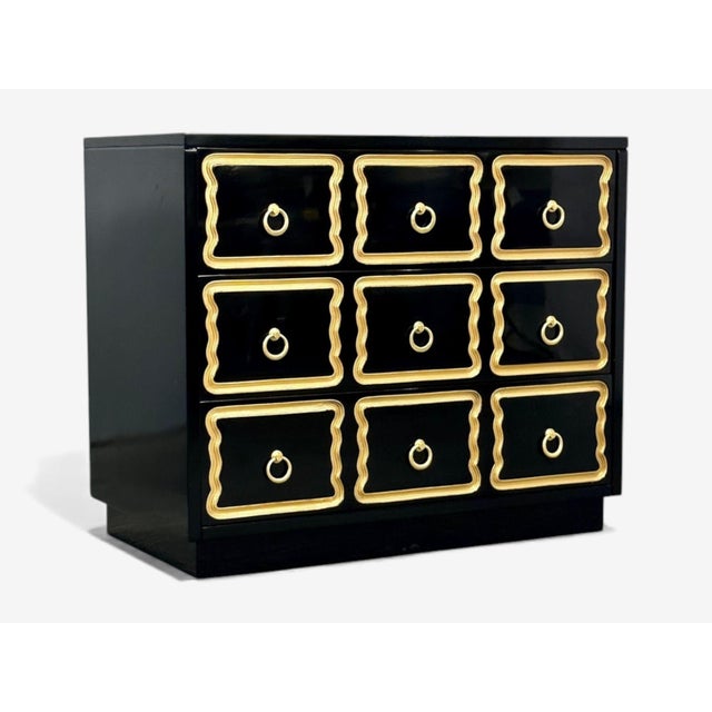 Dorothy Draper Style, Hollywood Regency, Commodes, Black Lacquer, Gold Gilt, Brass A pair of newly refinished black...