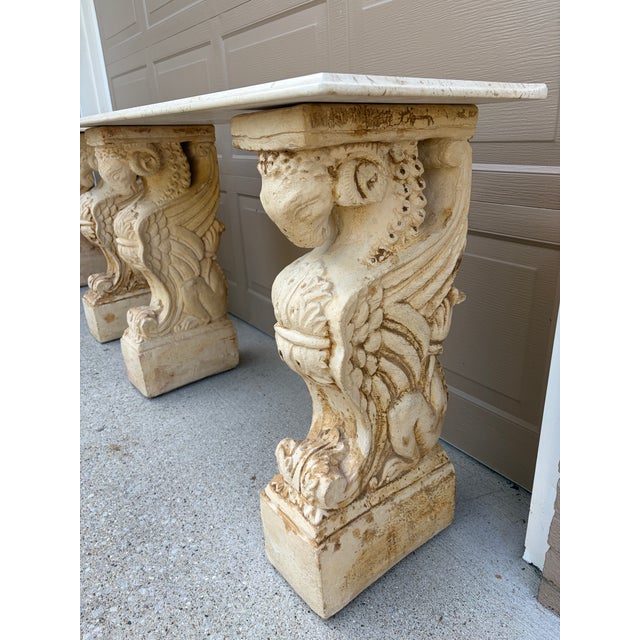 Stone Late 20th Century Pair of Neoclassical Travertine Consoles With Winged Figural Bases For Sale - Image 7 of 14