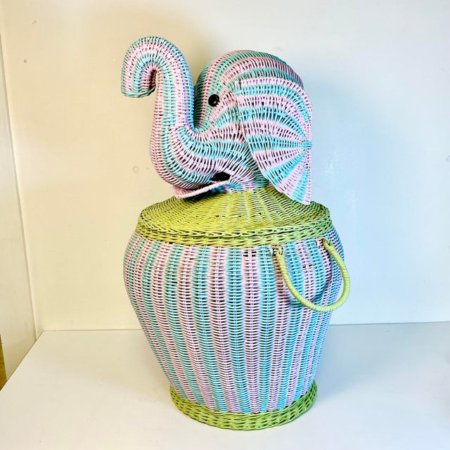 1997 Vintage Boho Chic Coastal Cabana Striped Wicker Elephant Basket Hamper, Signed Jen Lee For Sale - Image 14 of 17