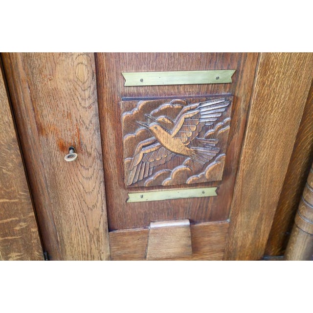 French Art Deco Oak and Brass Sideboard with Carved Reliefs, 1930s For Sale - Image 9 of 18