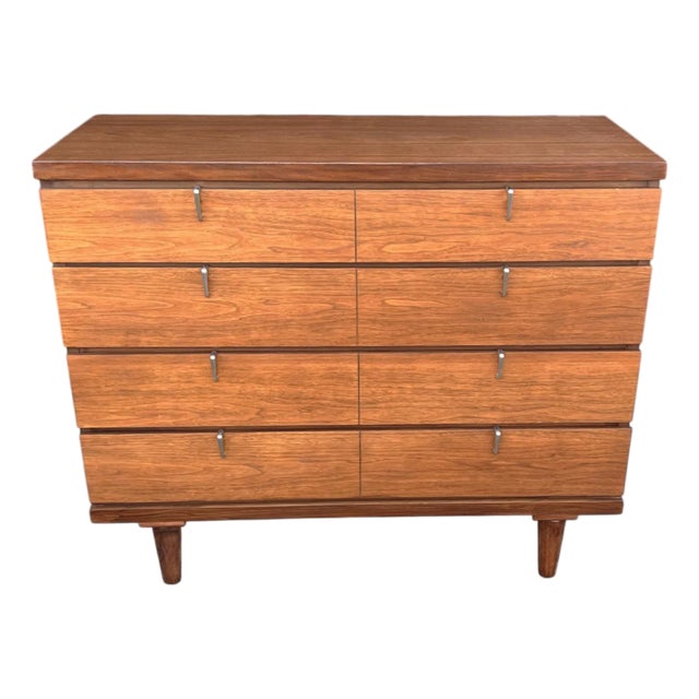 Restored Mid-Century Modern Walnut 4-Drawer Chest With Chrome Pulls For Sale