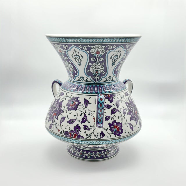 Ceramic Handmade Ceramic Tri Handled King Vase (30cm) Purple and Turquoise Hatai Pattern For Sale - Image 7 of 8