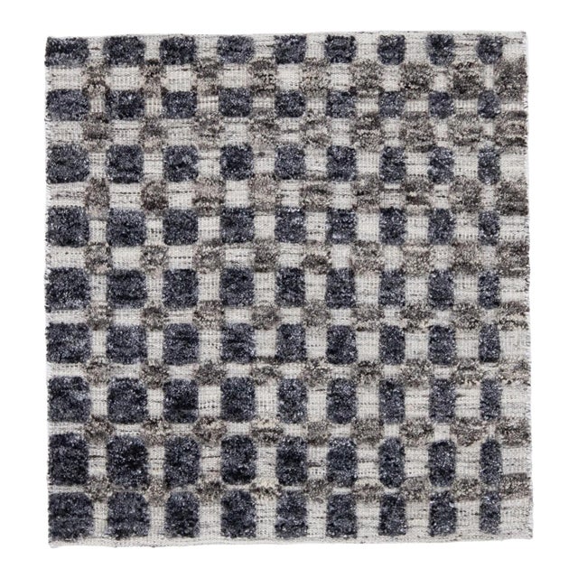 Modern Moroccan Style Handmade Geometric Blue Custom Wool Rug For Sale