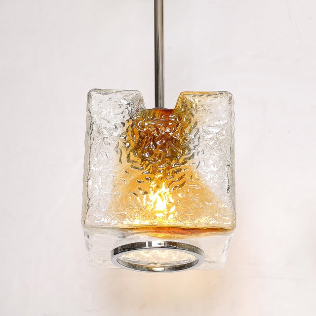 Mid-Century Hand-Blown Amber Murano Glass W/ Chrome Pendant Chandelier For Sale - Image 9 of 12