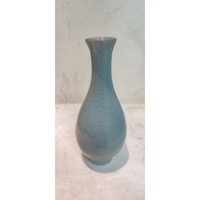 Chinese Ceramic Vase Crackle Glaze Celadon Bottle For Sale - Image 9 of 10