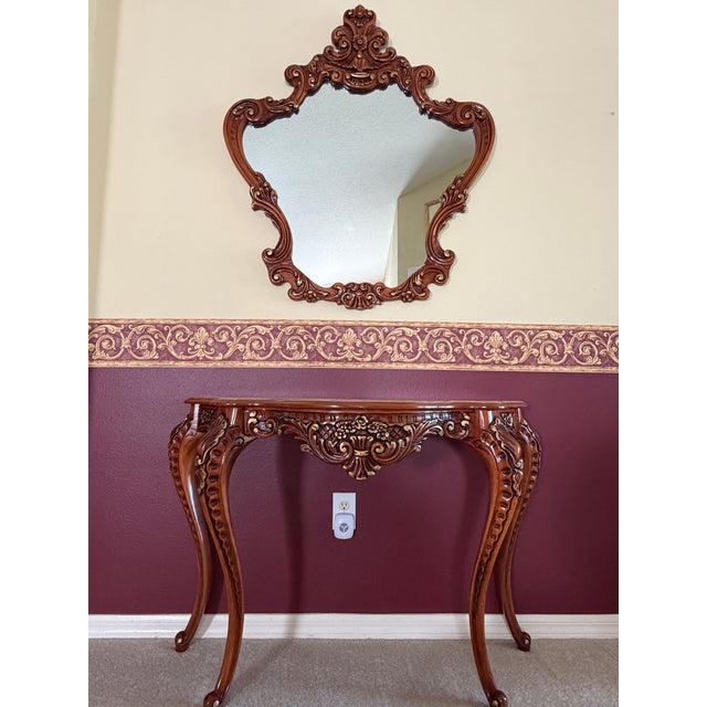 Brown Mid-Century French Rococo Console Table & Matching Wall Mirror Set – Hand-Painted & Signed by H. Breckelschmidt For Sale - Image 8 of 10
