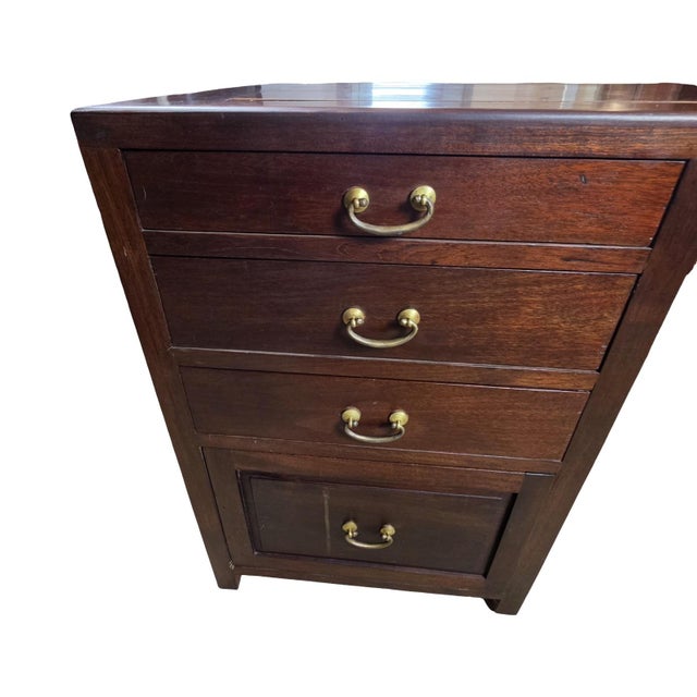 Vintage Asian-Inspired Dark Wood Executive Desk With Brass Hardware & Fretwork For Sale - Image 10 of 12