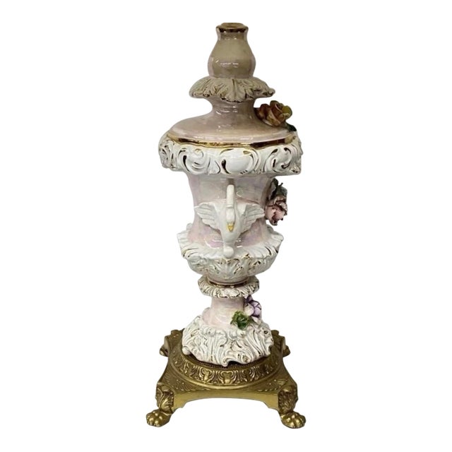 Vintage Italian Capodimonte Lamp Base - Rococo Porcelain With Swans & Roses For Sale