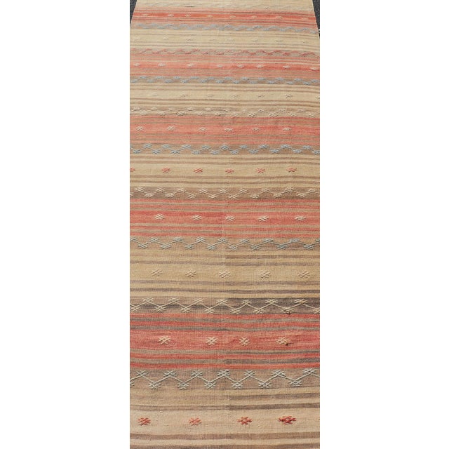 Vintage Turkish Kilim With Stripes in Blue, Tan, Brown, Cream and Orange For Sale - Image 4 of 12
