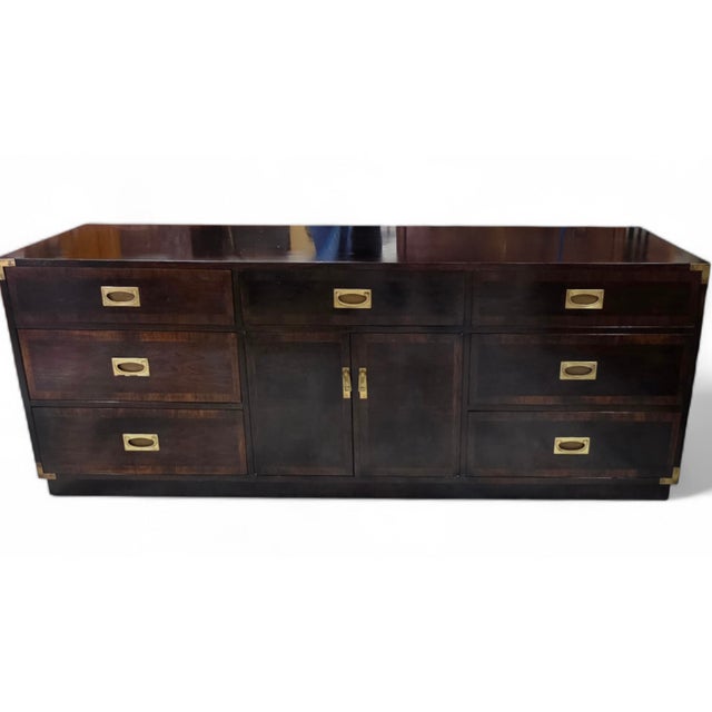 Campaign Hollywood Regency Campaign Style Ebonized Mahogany Credenza With Recessed Brass Pulls and Corner Mounts, 1970s For Sale - Image 3 of 15