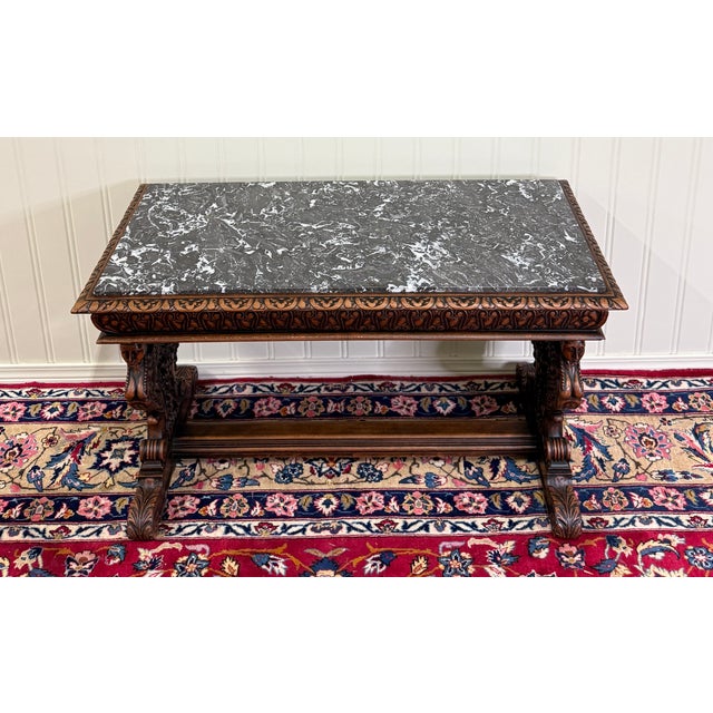 Antique French Coffee Table Bench Window Seat Marble Top Oak Renaissance Revival For Sale - Image 14 of 18