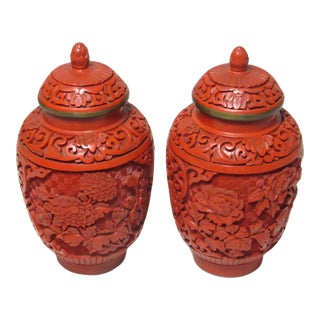 Pair of Chinese Cinnabar Lidded Vases For Sale