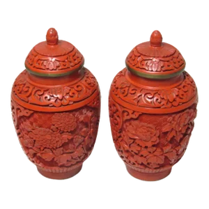 Pair of Chinese Cinnabar Lidded Vases