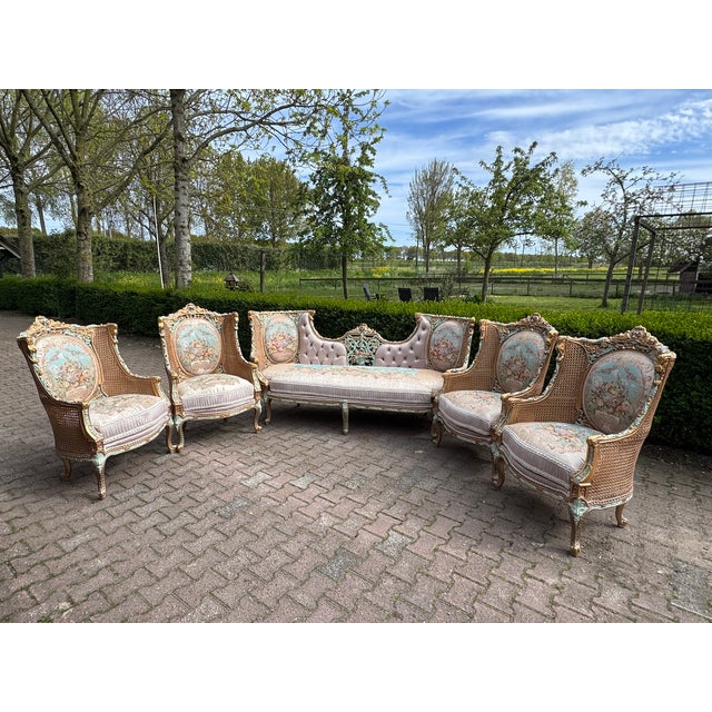 1940 French Louis XVI Pastel Beech Sofa Set - 7 Pc For Sale - Image 13 of 18