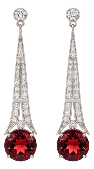 Art Deco Style Garnet and Colorless Topaz Drop Earrings Silver, Gold, A Pair