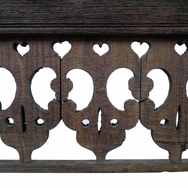 Far Pavilions Farmhouse Style Lattice Carved Teak Wood Long Console | Unique Entryway Hall Table | Distressed Rustic Sofa Table | Mid Century Modern For Sale - Image 4 of 6